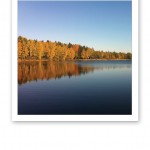 Klarblå himmel, höstfärgad skog och stilla vattenyta på sjön.