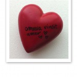 Rött stenhjärta med texten "omnia vincit amor"